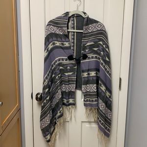 Woven plaid shawl / poncho One Size No arm holes Giant Scarf w/ front fasteners